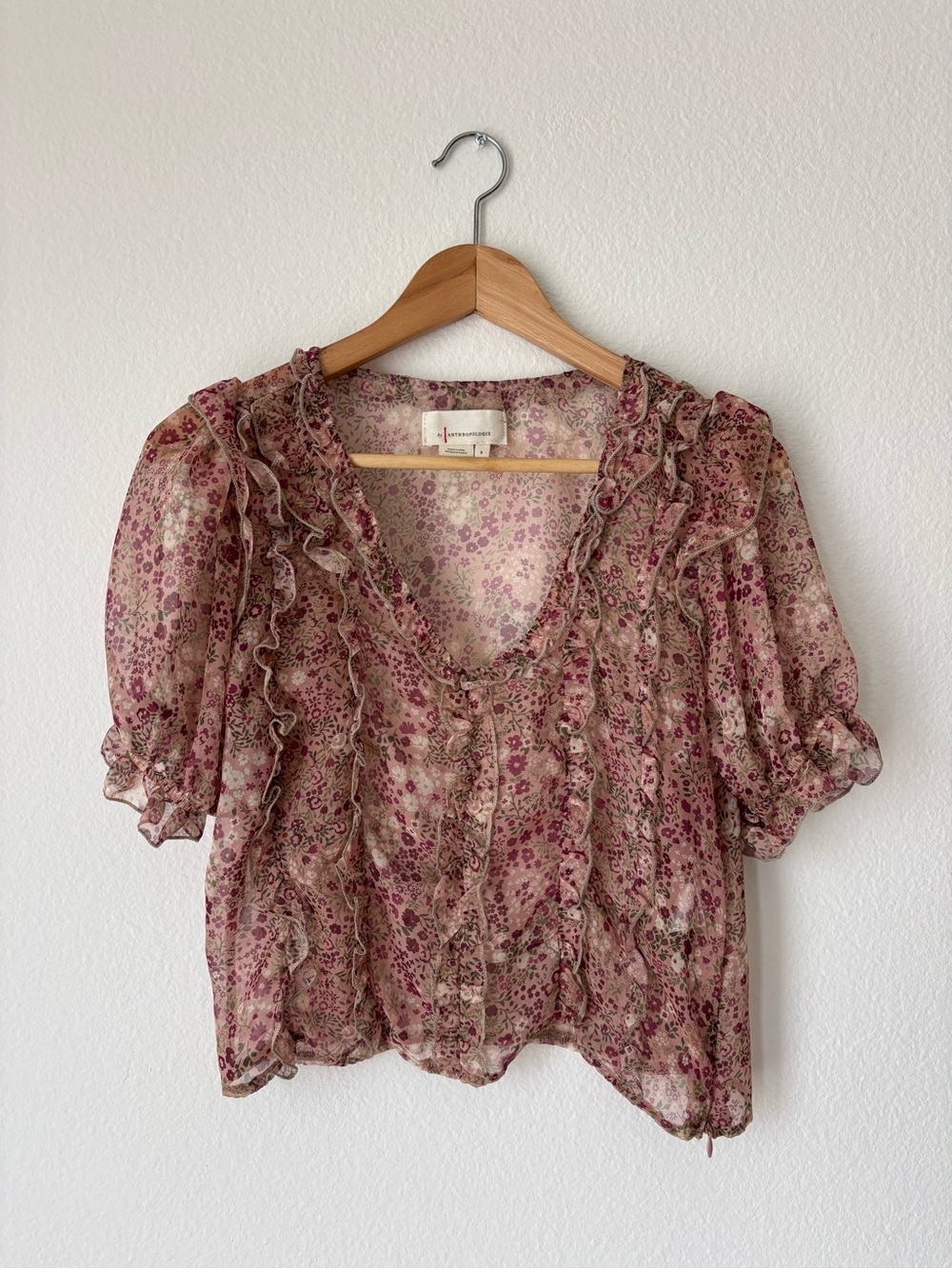 Anthropologie Pink Floral Ruffle Blouse (S)